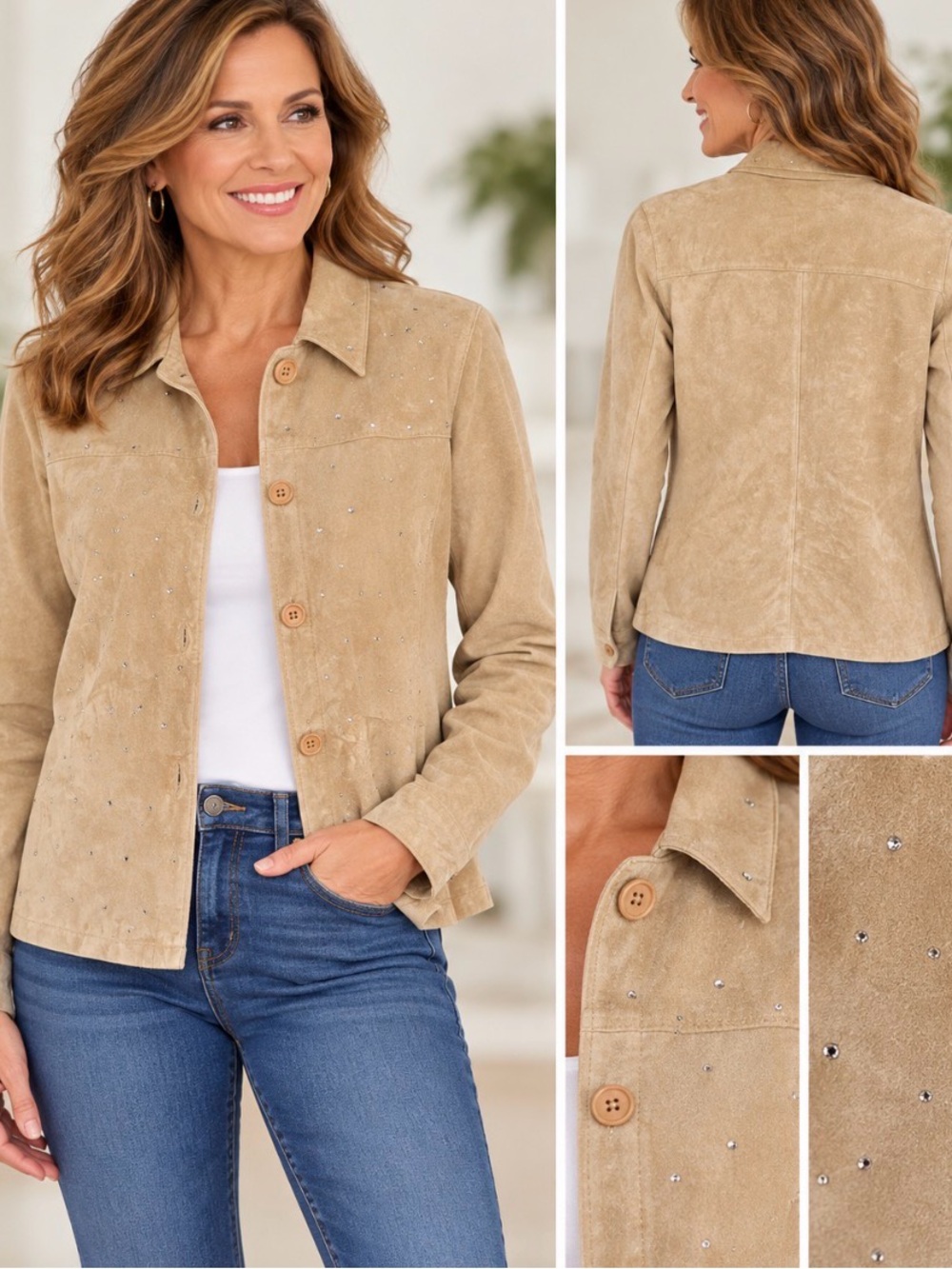 True Grit Size XS 100% Leather Tan Button Front Shirt Jacket Embellished
